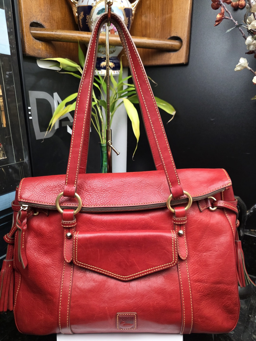 Dooney & Bourke Smith Florentine Leather Satchel Red Tassel Shoulder Bag